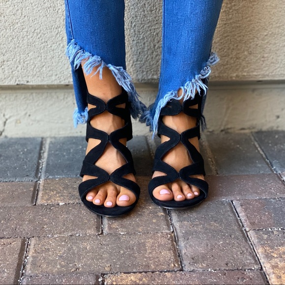 Black Strappy Peep Toe Wedge Ankle Bootie Pump - Picture 3 of 10